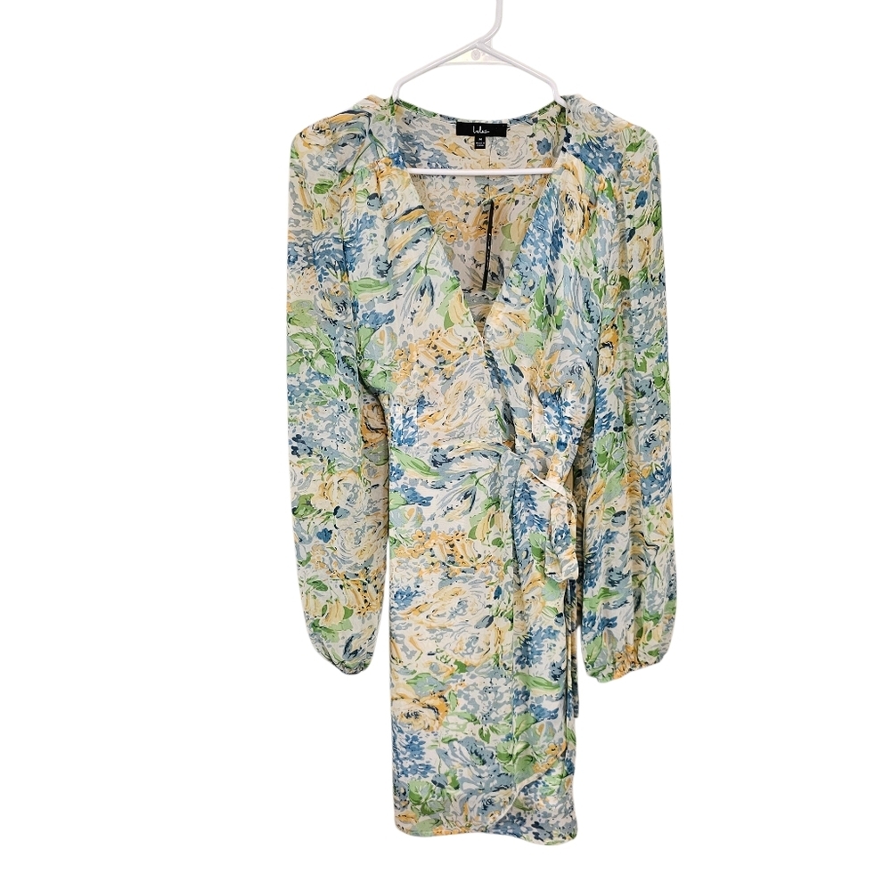 Lulus Floral Wrap Mini Long Sleeve Vneck Dress - Picture 2 of 7